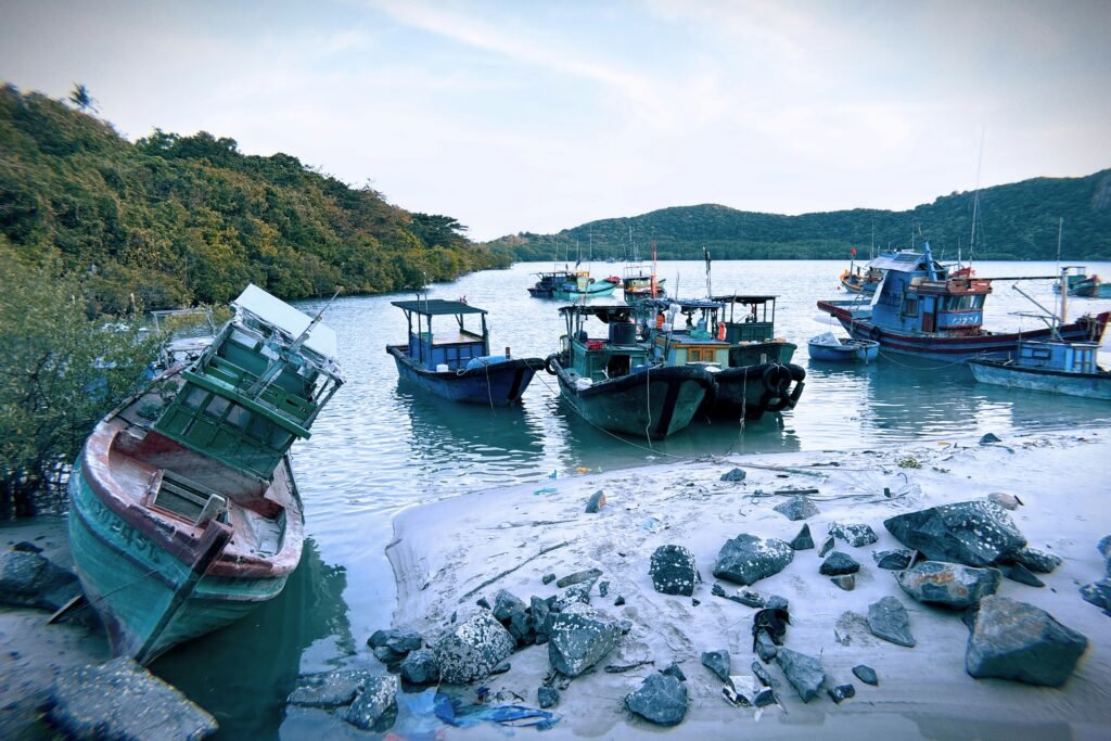 Bateaux de pêche dans une baie de Côn Đảo