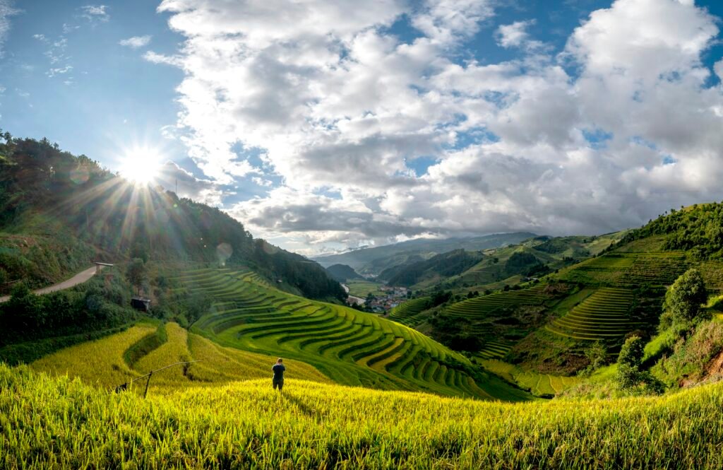 Randonneur dans les rizières de Mu Cang Chai
