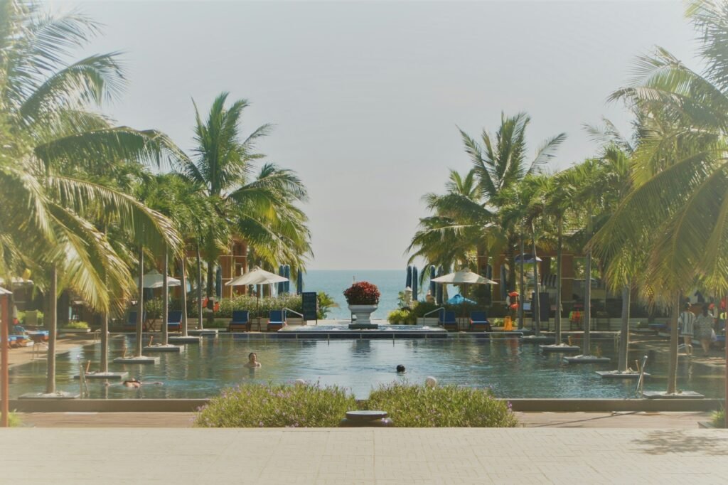 Piscine entourée de palmiers dans un hôtel de charme